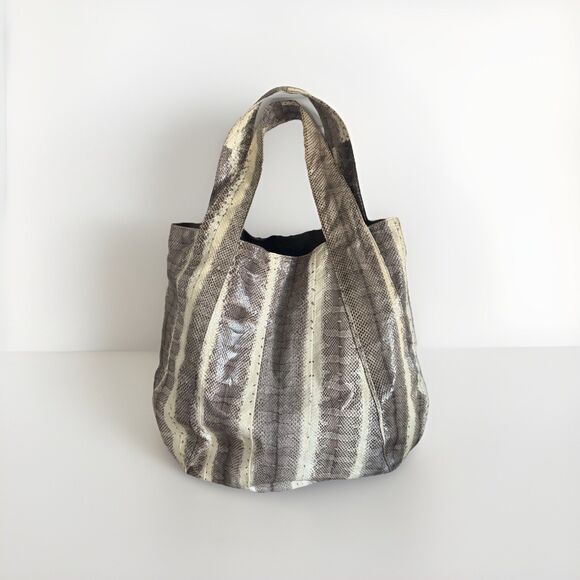 Beirn Jenna Snakeskin Double Handle Hobo Tote Bag Exotic Neutral Cream - Picture 5 of 9